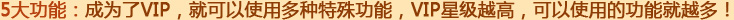 5大功能：成为了vip，就可以使用多种特殊功能，vip星级越高，可以使用的功能就越多！